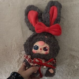 Gray and Red Bunny Plush Toy